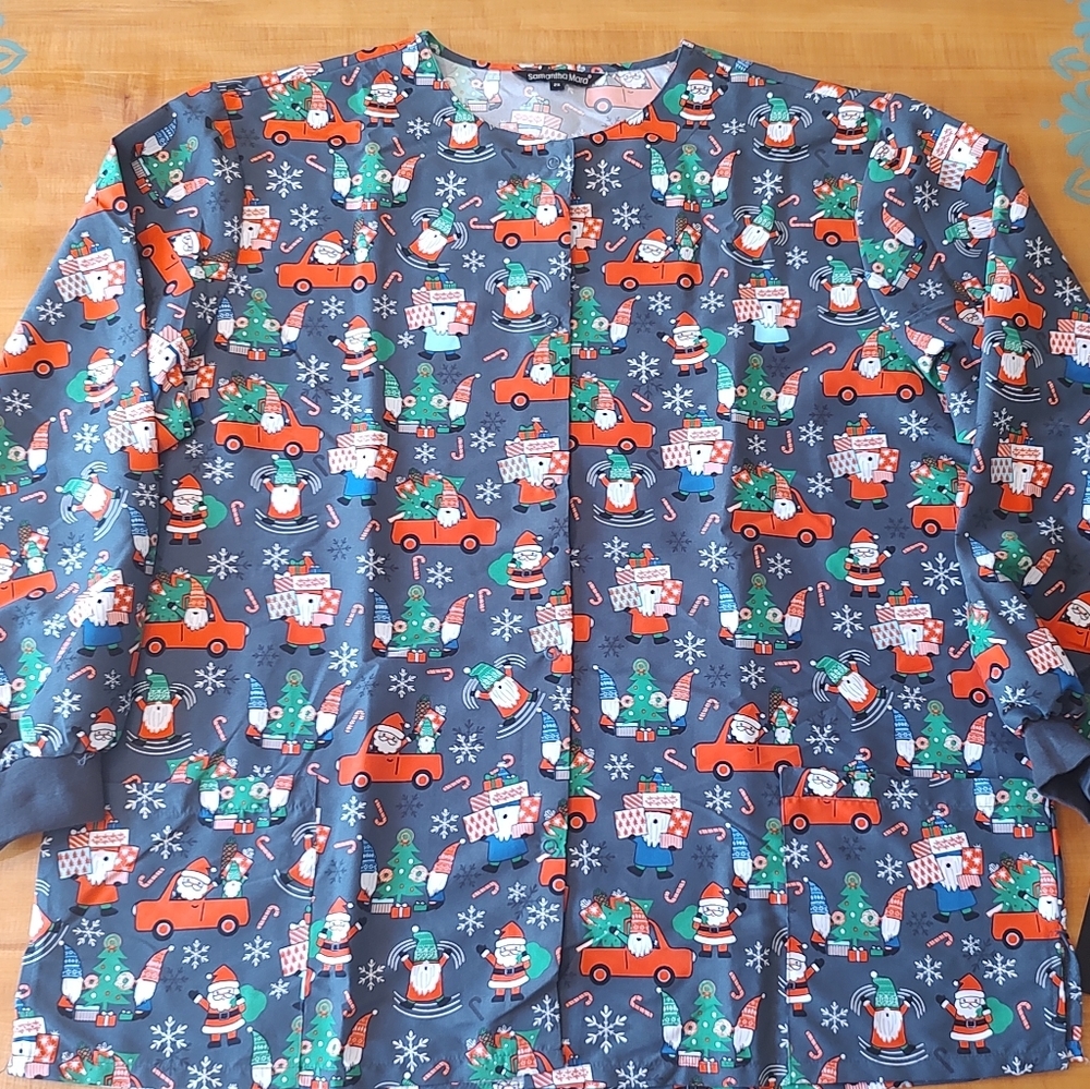 Women's Size 2X Long Sleeve Scrub Samantha Mara Gnomes Gifts Red Truck Christmas